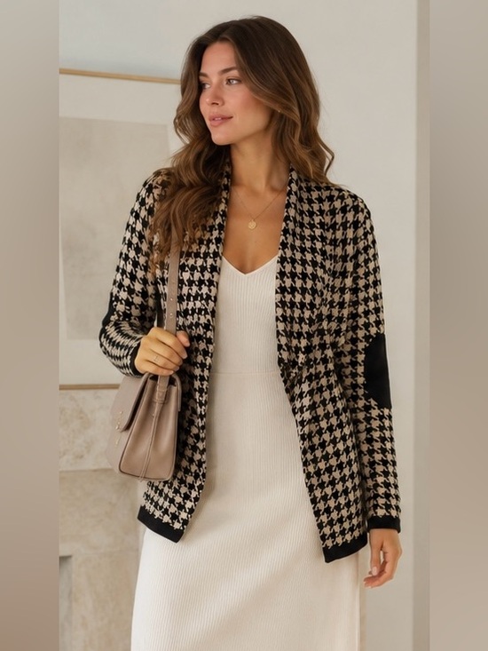 Anthropologie Sweaters - Anthropologie Chic Houndstooth Cardigan Preppy Lagenlook Sweater Elbow Patch, S